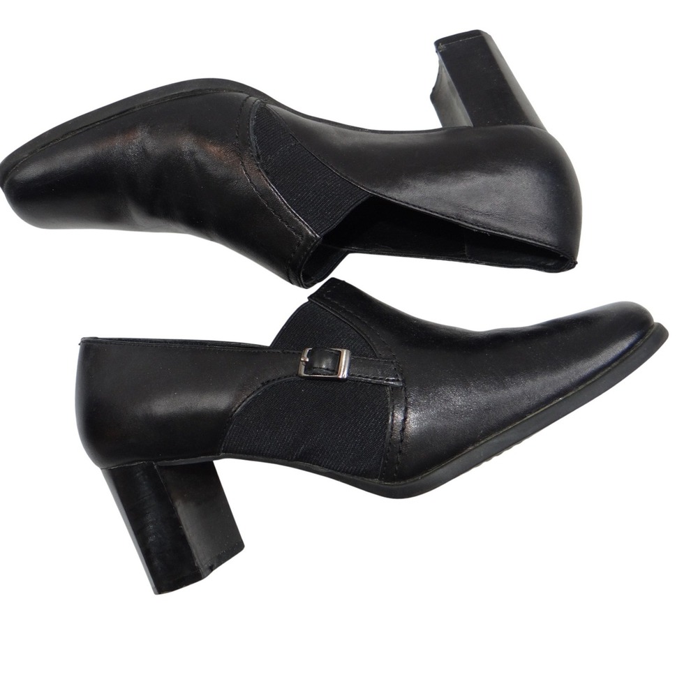 Liz Baker Black Leather Ankle Booties Block Heel Buckle‎ Slip On Women 7.5 M B